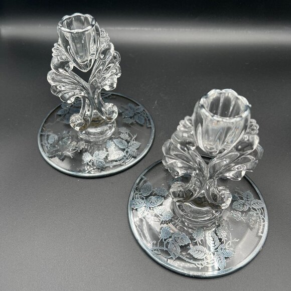 Vtg 1950s New Martinsville Glass Candle Holders Janice Pattern Silver Overlay - Picture 1 of 4